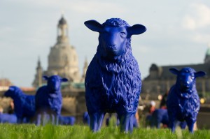 Diese Schafe sind nicht echt, sondern Kunst. Bertamaria Reetz und Rainer Bonk haben sich das Kundwerk ausgedacht. Die blauen Schafe stehen in der Stadt Dresden. (Foto: dpa) 